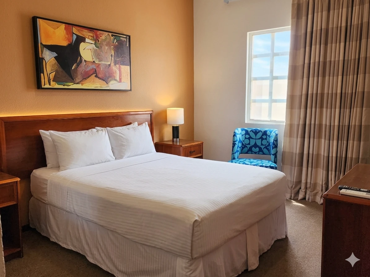 Habitación Acogedora en Ciudad Juárez: cama con ropa blanca, buró, lámpara, cuadro y ventana con cortina