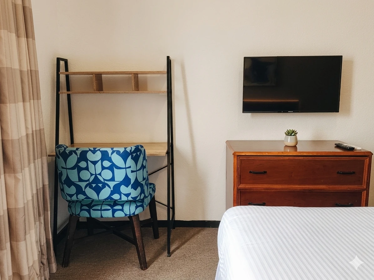 Escritorio con silla, televisión y cómoda en la Habitación Acogedora